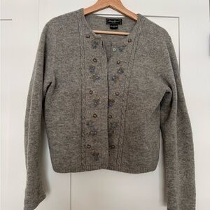 Vintage Eddie Bauer 100% Lambswool Cardigan NZ Embroidered Size M Cottagecore